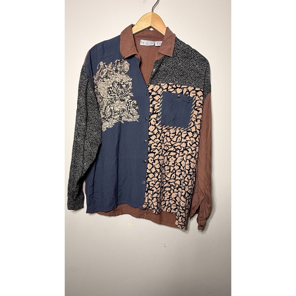 Vintage TOGETHER! Rayon Shirt M Colorblock Patchwork Art to Wear Boho 90s Blouse